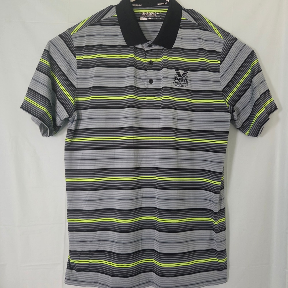 Nike Golf 2014 PGA Championship Valhalla Polo Shirt Mens Large Grey Neon Stripe